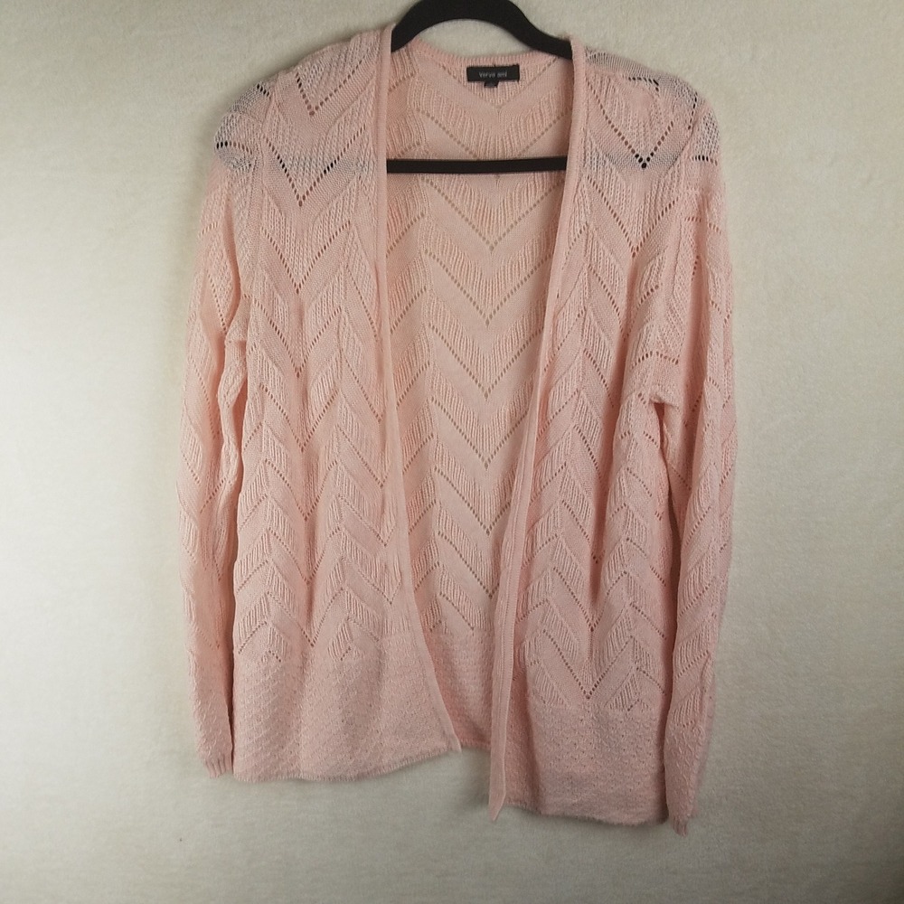 Verve Ami Cardigan Womens Large Pink Chevron Pointelle Open Front Knit lacy